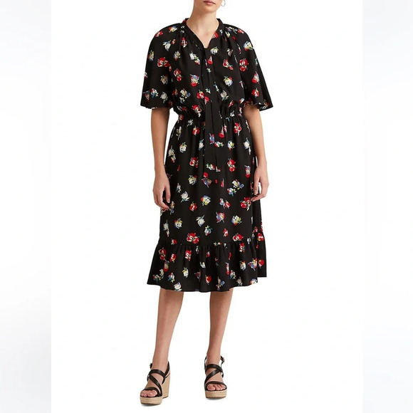 Lauren Ralph Lauren Sherolynn Floral Crepe Tie-Neck Midi Dress Black Red Size 8 - Picture 12 of 12